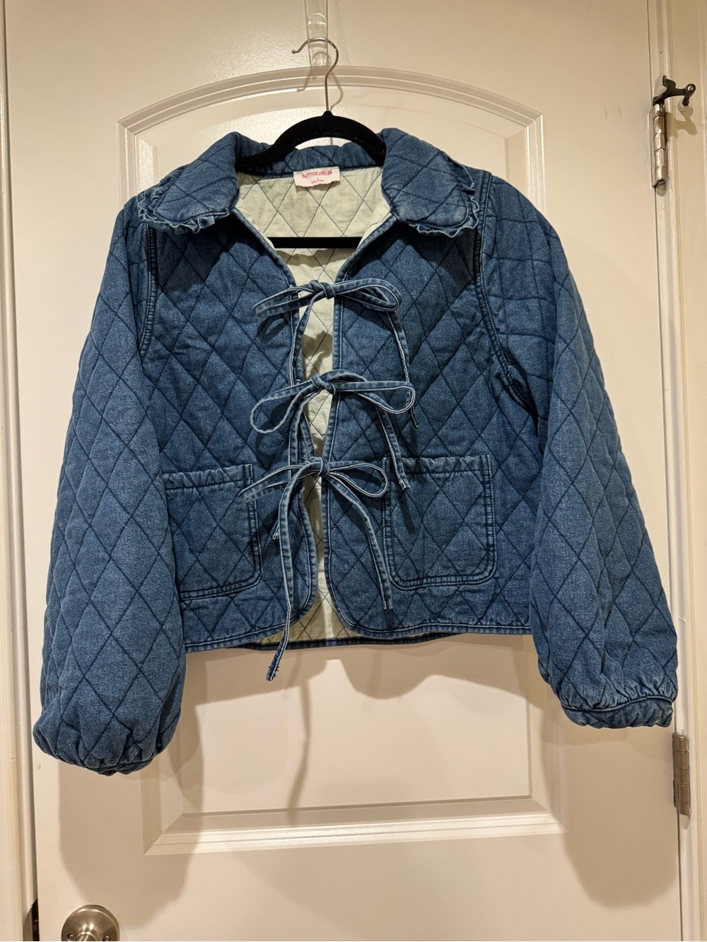Buttermelon 100% Cotton Quilted Denim Tie-Front Jacket - Blue